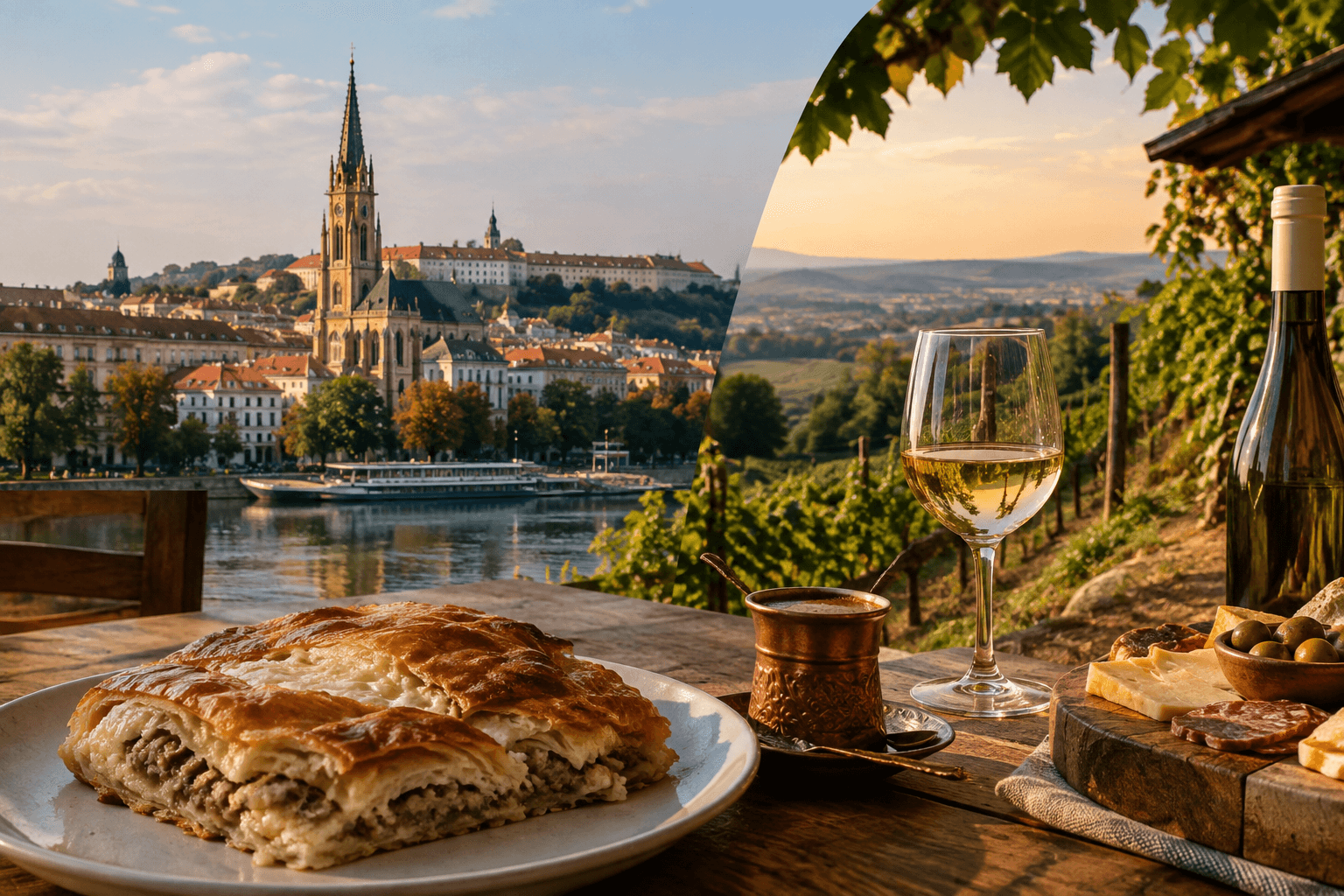 Burek, coffee and a glass of white wine with a view of Novi Sad and vineyards
