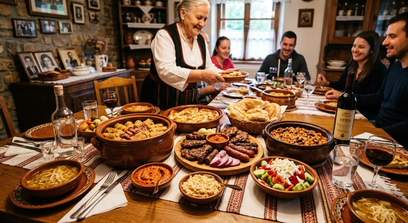 A long table of traditional dishes being served in a rustic dining room