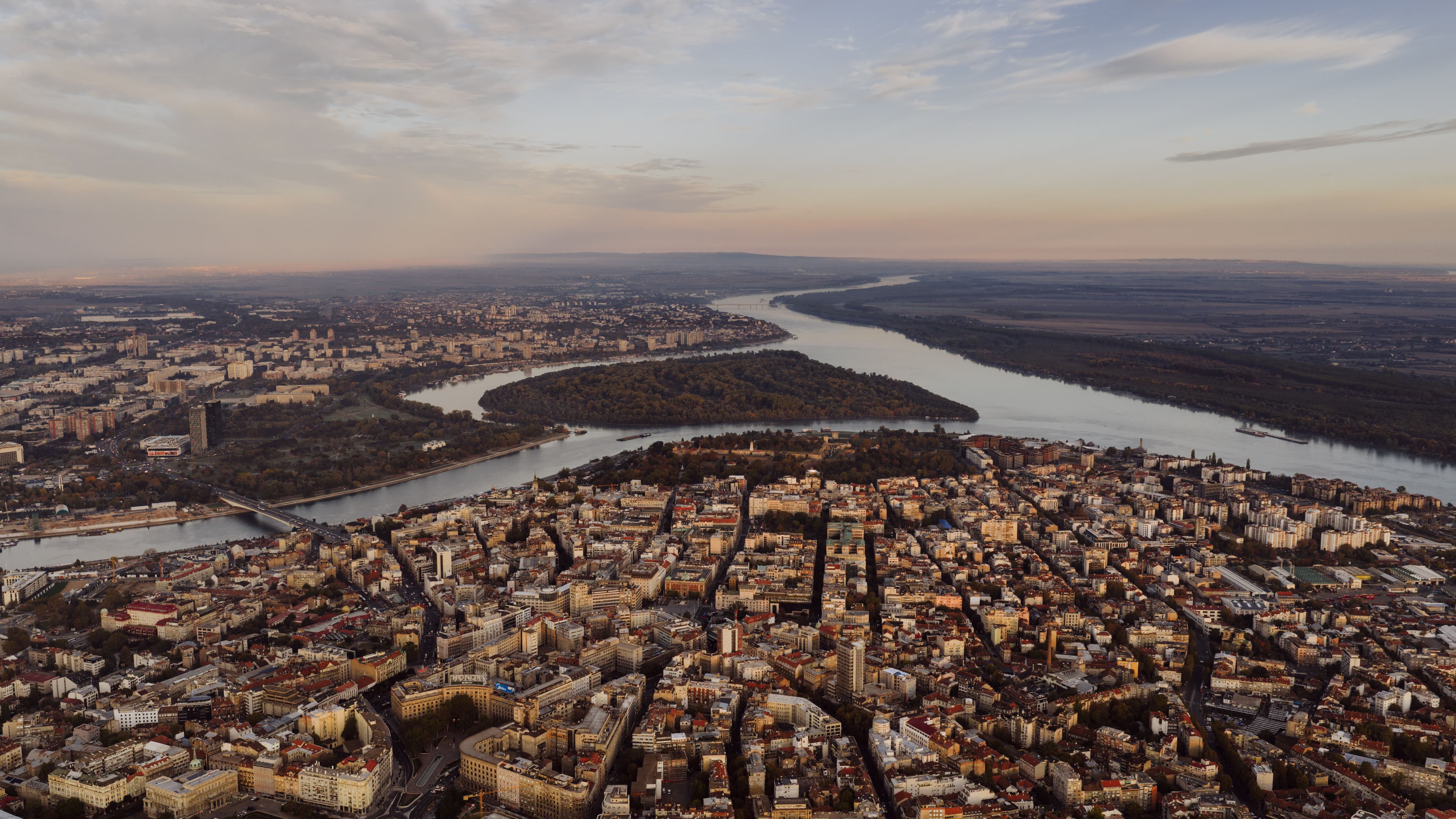 Belgrade from above, with the confluence of the Sava and the Danube and the Great War Island