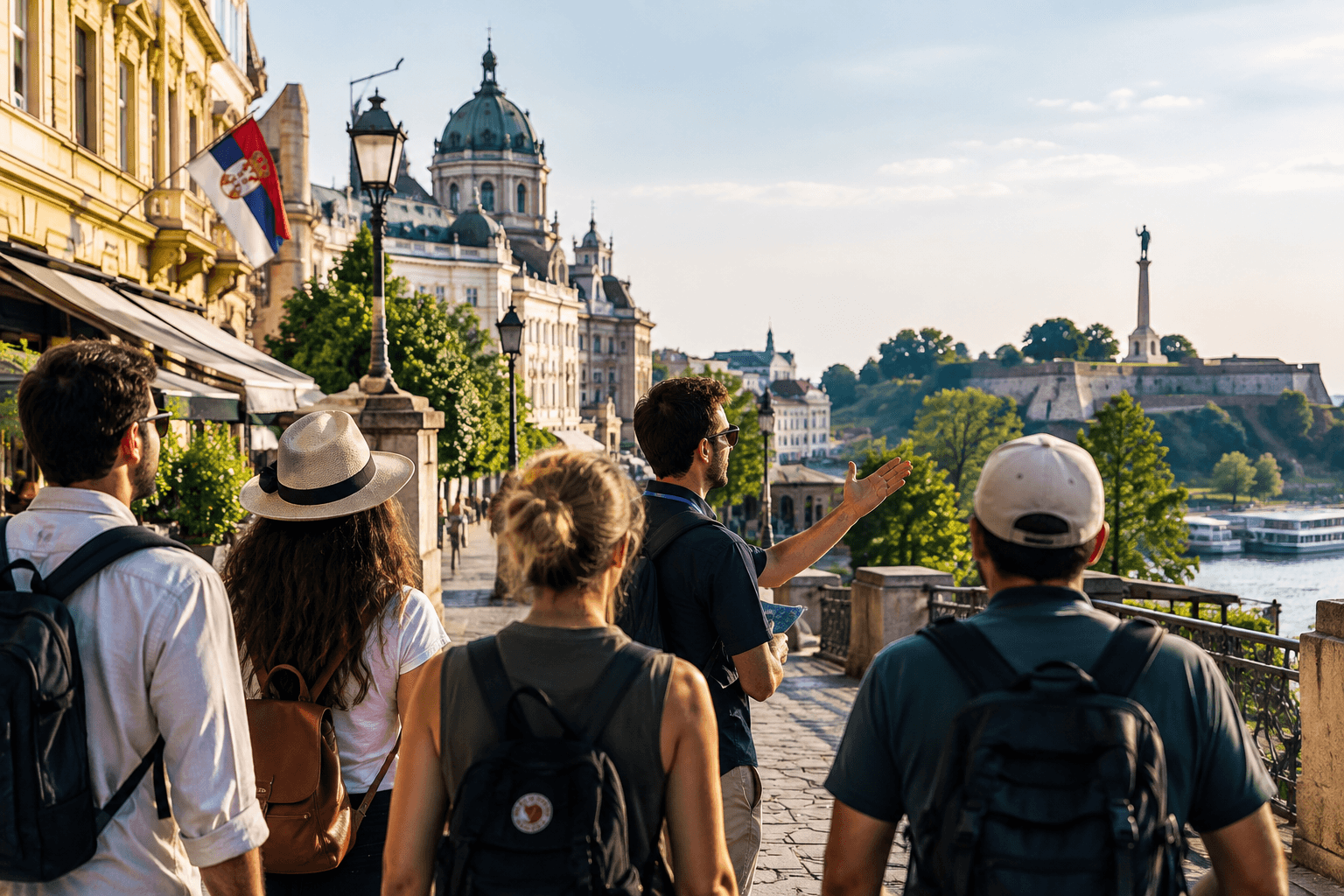 A guide pointing out the fortress to a small group on a riverside promenade